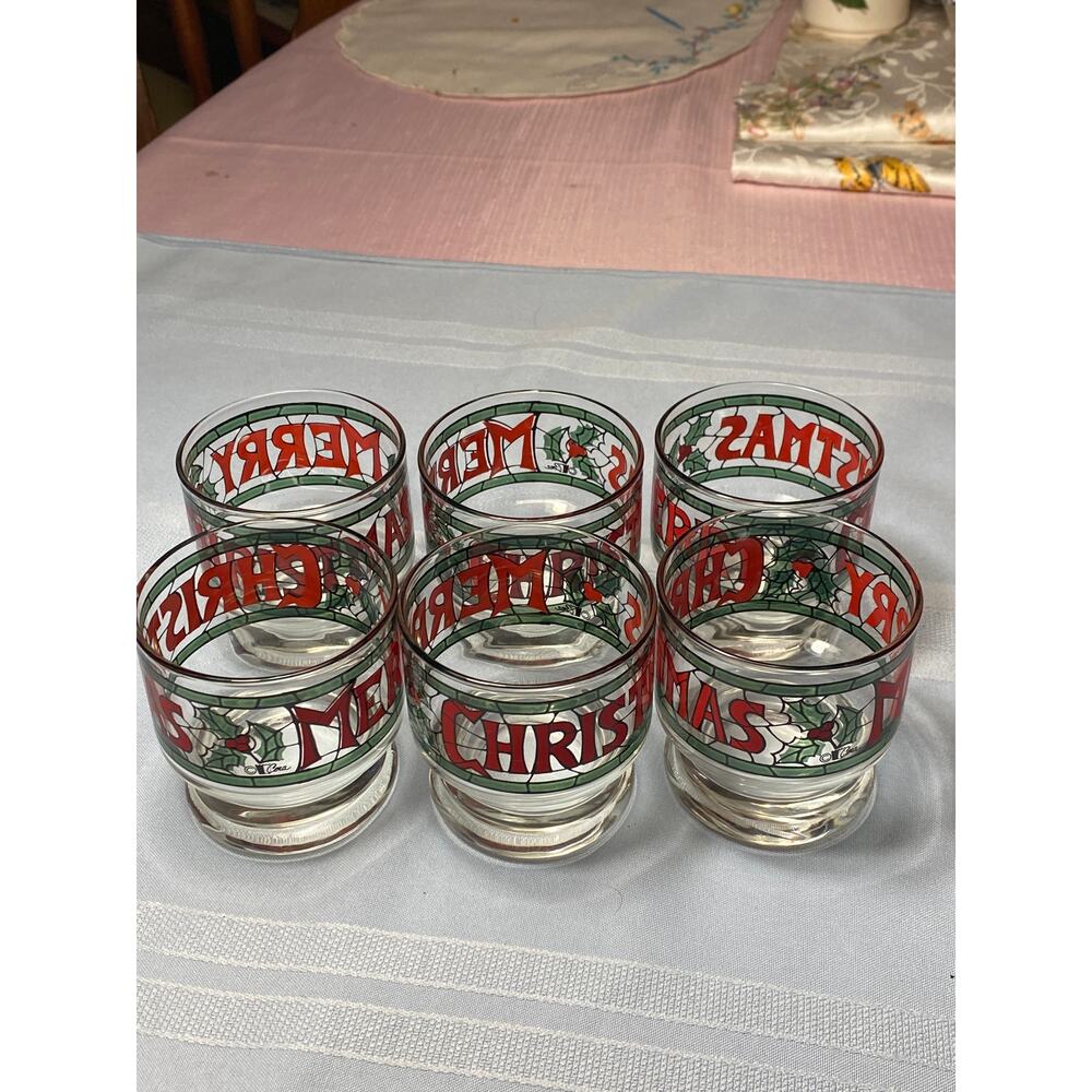Set of 6 Cera Glass Faux Stained Glass Merry Christmas Punch Cups / Glasses EUC